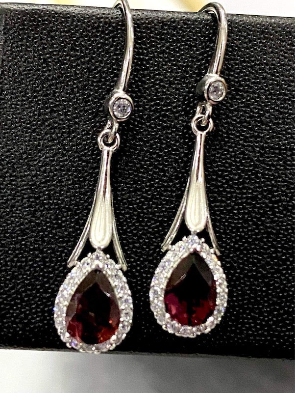 Earrings, Garnet drop with CZ accent set in sterling silver