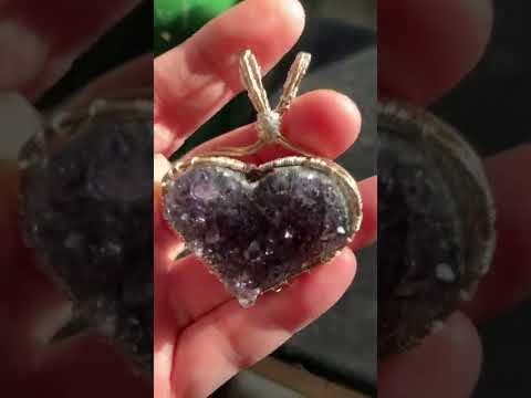 Amethyst Crystal Heart Pendant, wire wrapped pendant, Bronze and fine silver.