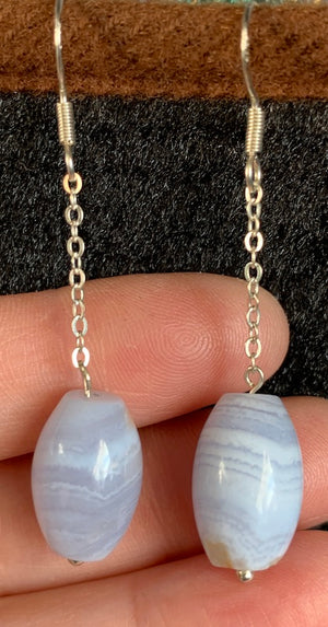 Blue Lace Agate Earrings, barrel shaped, sterling silver