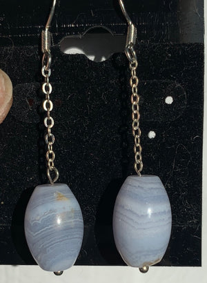 Blue Lace Agate Earrings, barrel shaped, sterling silver