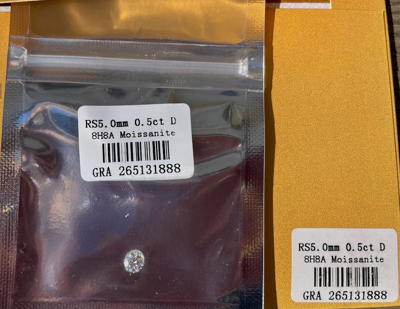 Moissanite, in 1/2 carat, full carat and 2 carats. Diamond Replacement