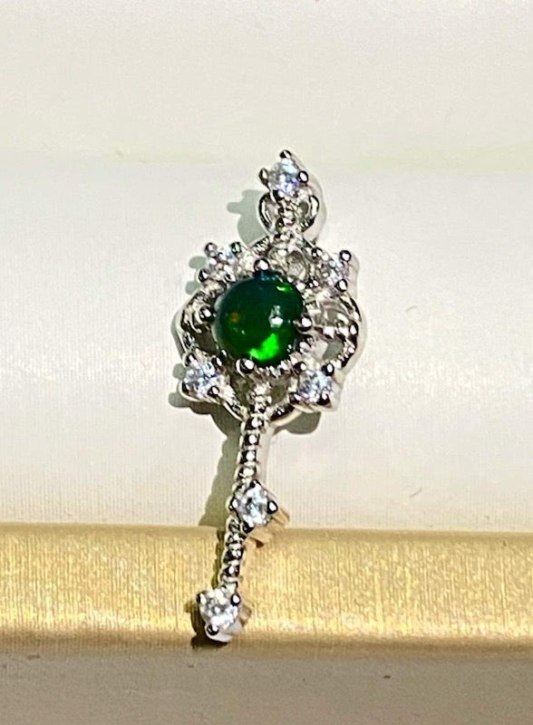 Pendant, Charm, Black opal with accent CZ's set in silver key design
