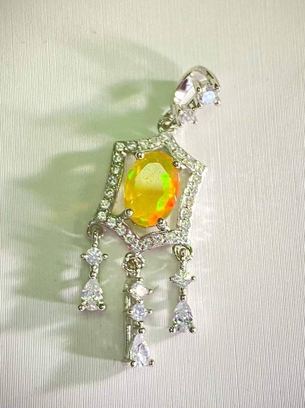 Pendant, Charm, Golden opal with accent CZ's chandelier style