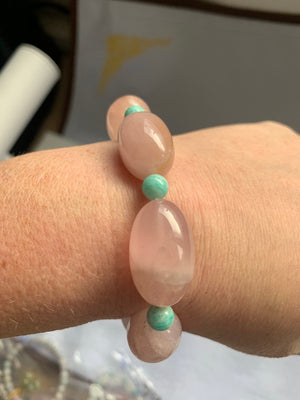 Bracelet, Large Pink Quartz barrel beads with amazonite accent beads