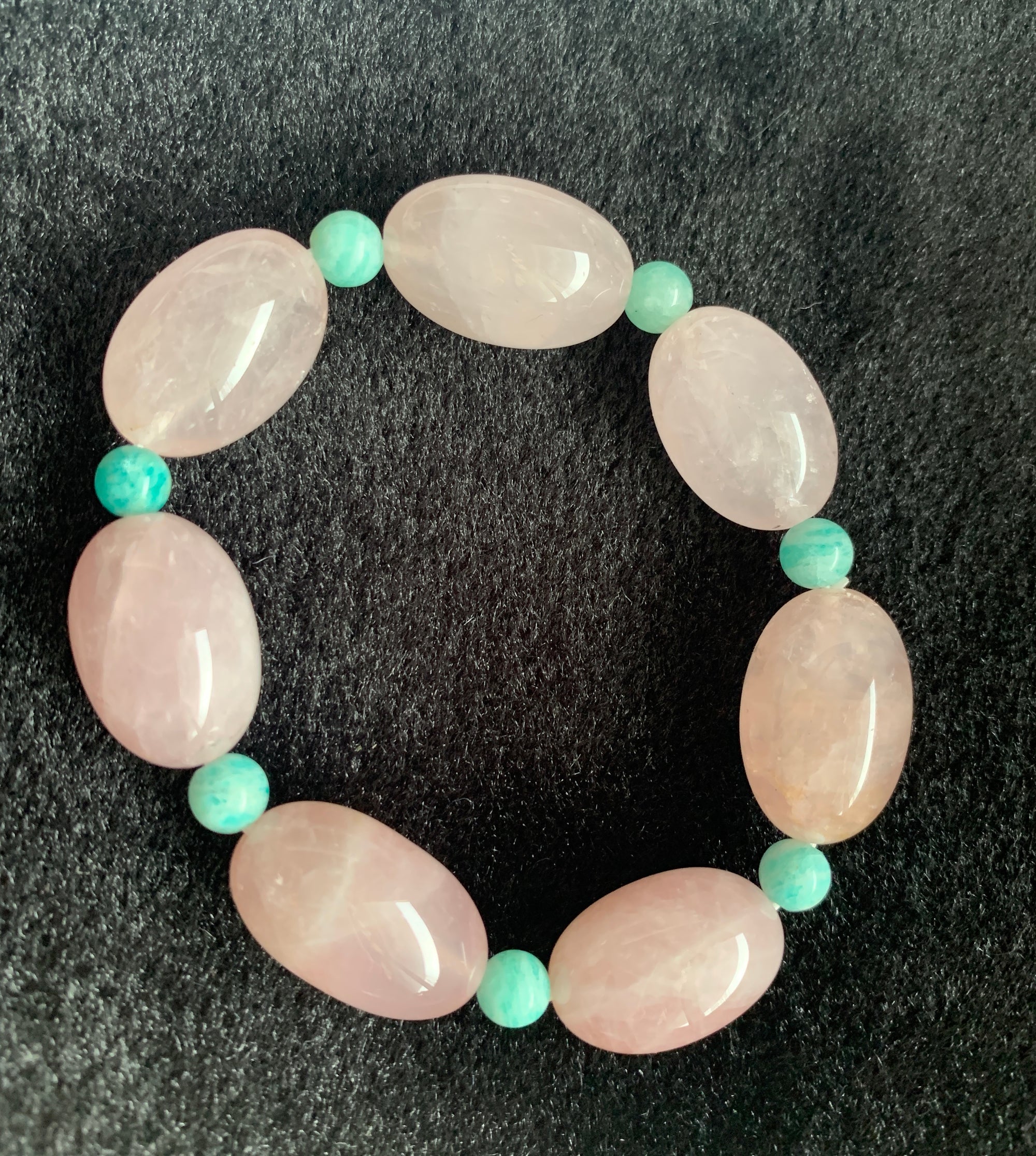 Bracelet, Large Pink Quartz barrel beads with amazonite accent beads