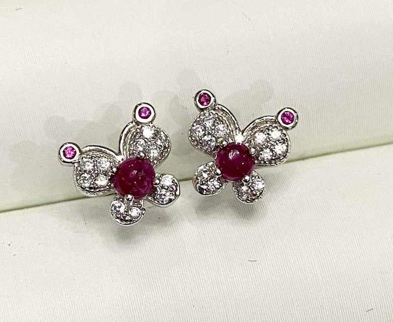 Earrings, Genuine Pink Ruby, cz and sterling silver studs