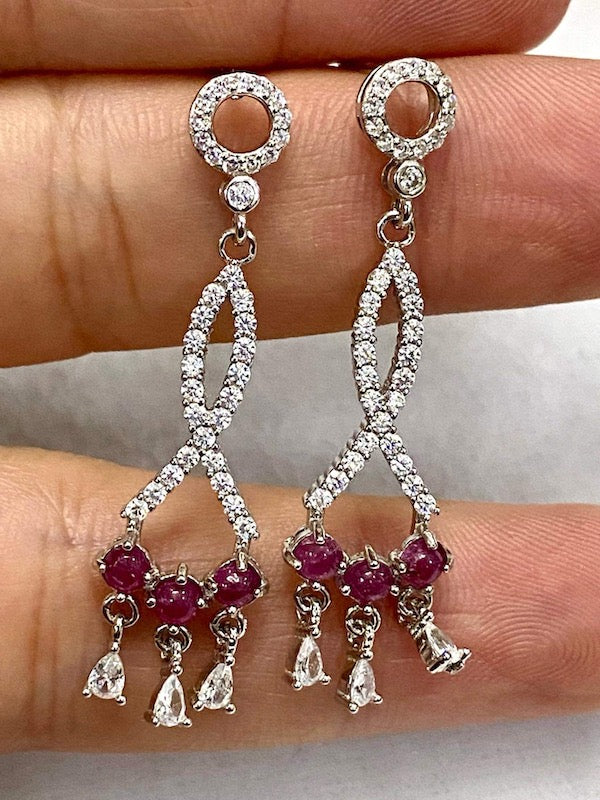 Earrings, Genuine Red Ruby & cz, drop chandelier earrings