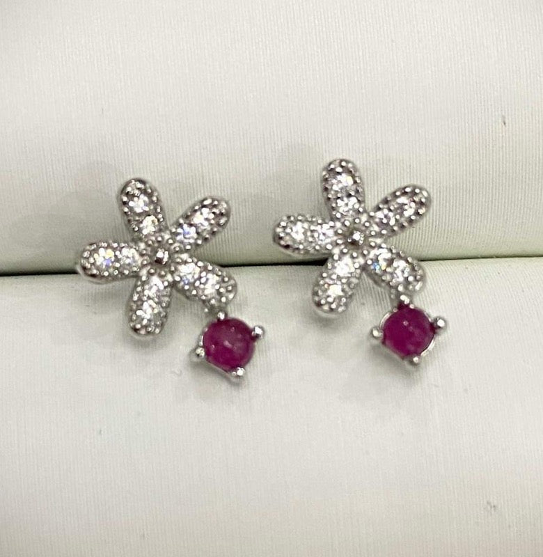 Earrings, Genuine Pink Ruby, cz and sterling silver studs, cute starfish