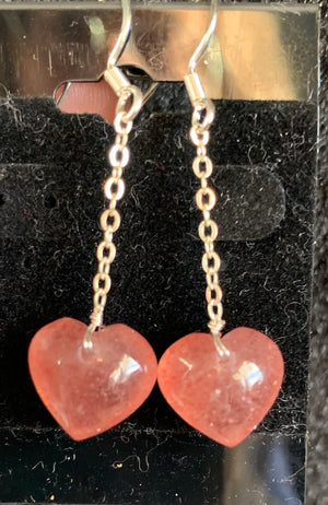 Strawberry Quartz Earrings, heart shaped, sterling silver