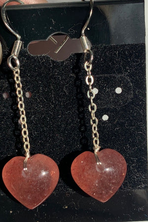 Strawberry Quartz Earrings, heart shaped, sterling silver