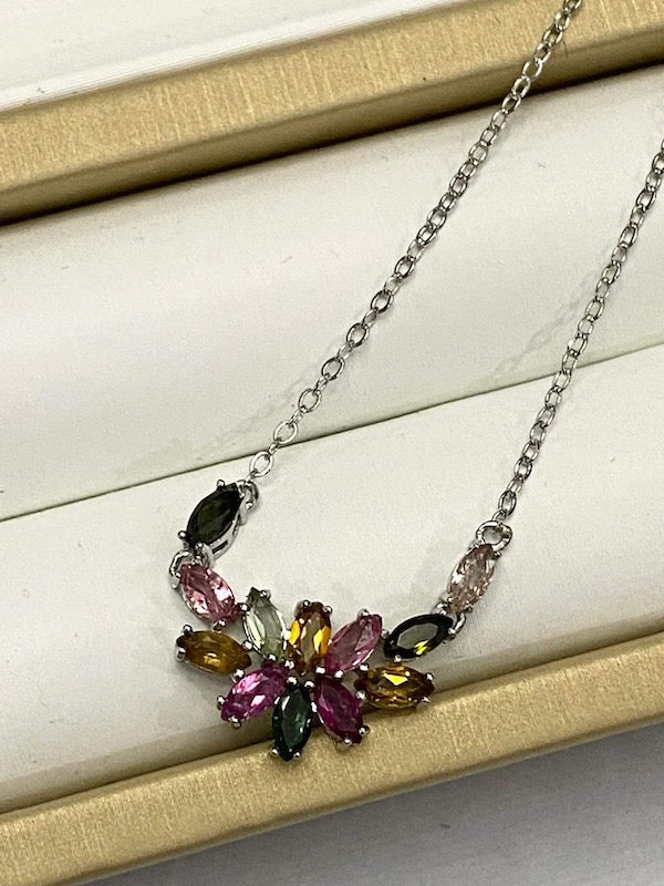 Necklace, 12 Tourmaline marquis shaped stones set in sterling silver